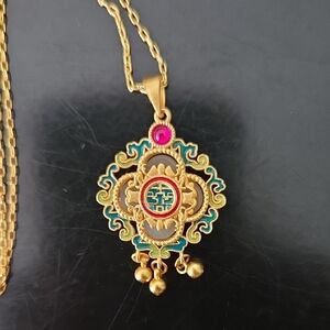 Gold and Red Filigree Pendant Necklace